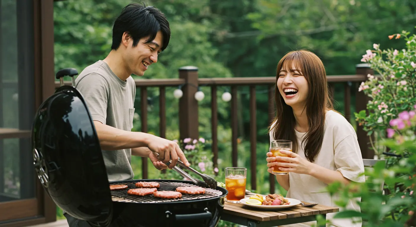 BBQを楽しむ夫婦の写真